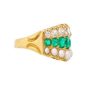 Late Victorian 18K Gold Emerald Pearl and Diamond Ring
