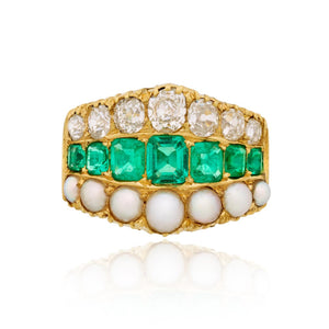 Late Victorian 18K Gold Emerald Pearl and Diamond Ring