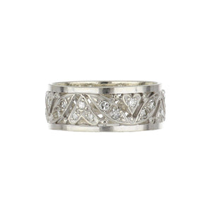 Art Deco 1930s 14K White Gold Wide Openwork Diamond Eternity Band with Hearts