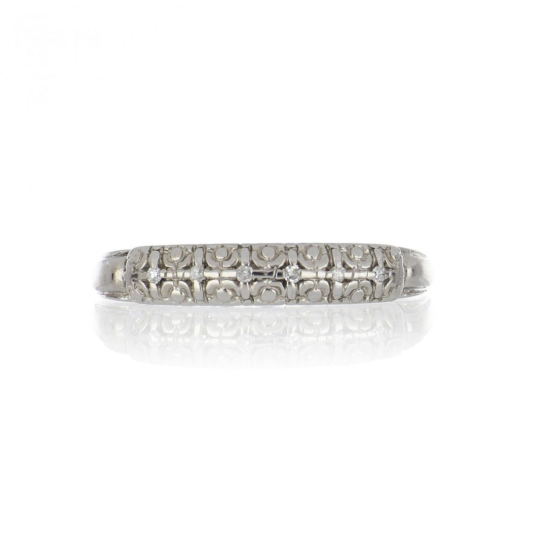 Retro 1940s 14K White Gold Floral Band with Diamonds