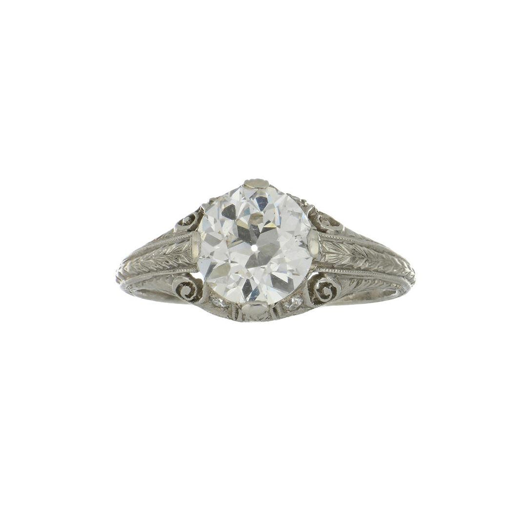 Art Deco Platinum Old European-cut Diamond Engagement Ring with Scrollwork Filigree
