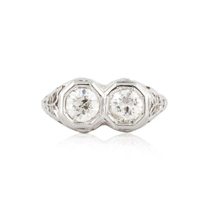 Art Deco 18K White Gold Filigree Twin Stone Diamond Ring