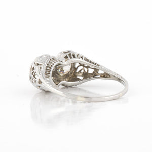 Art Deco 18K White Gold Filigree Twin Stone Diamond Ring
