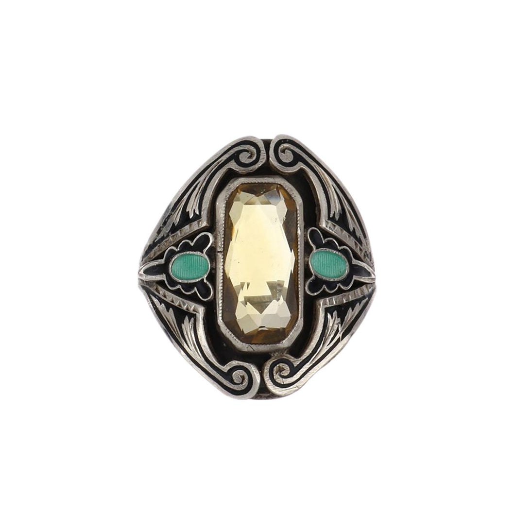 Art Nouveau Silver Enameled Ring with Emerald-Cut Citrine