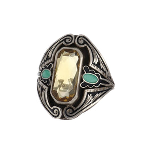 Art Nouveau Silver Enameled Ring with Emerald-Cut Citrine