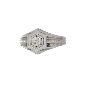 Art Deco 18K White Gold Diamond Ring with Wheat Engraving