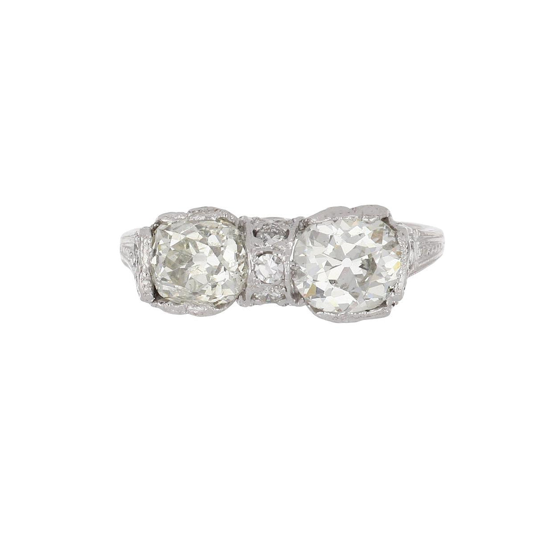 Art Deco Platinum Twin Stone Old Mine-Cut Diamond Engagement Ring
