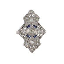 Load image into Gallery viewer, Art Deco Platinum Calibré-cut Synthetic Sapphire and Diamond Navette Ring
