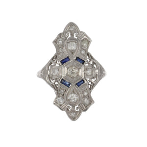 Art Deco Platinum Calibré-cut Synthetic Sapphire and Diamond Navette Ring