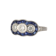 Load image into Gallery viewer, Art Deco-Style Platinum Three-Stone Diamond Ring with Sapphires
