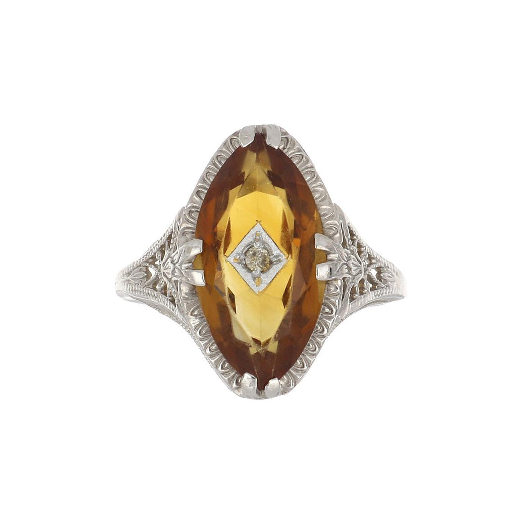 Art Deco 14K White Gold Marquise Citrine Filigree Ring with Diamond