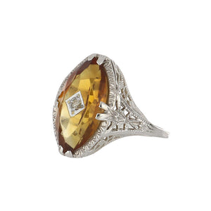 Art Deco 14K White Gold Marquise Citrine Filigree Ring with Diamond