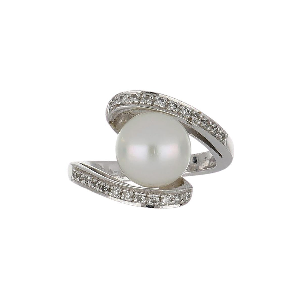 Estate 18K White Gold Cultured Pearl and Diamond Bypass Ring