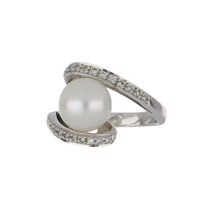 Estate 18K White Gold Cultured Pearl and Diamond Bypass Ring