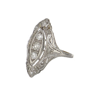 Art Deco Platinum Old European-Cut Diamond Navette Ring