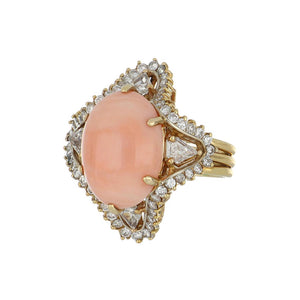 Vintage 1980s 18K Gold Cabochon Coral and Diamond Ring