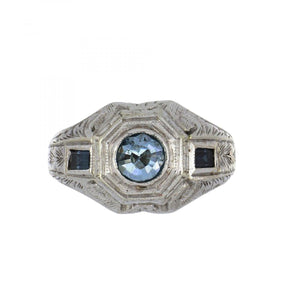 Art Deco 18K White Gold Blue Stone Ring