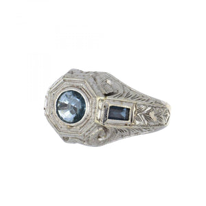 Art Deco 18K White Gold Blue Stone Ring