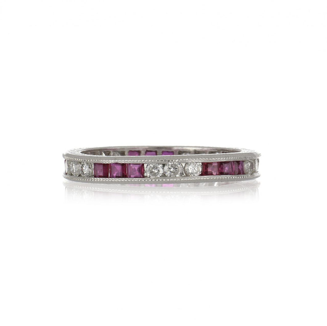 Estate Platinum Channel-Set Diamond and Ruby Eternity Band with Millegrain