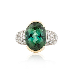 Estate Platinum and 18K Gold Green Tourmaline and Diamond Ring