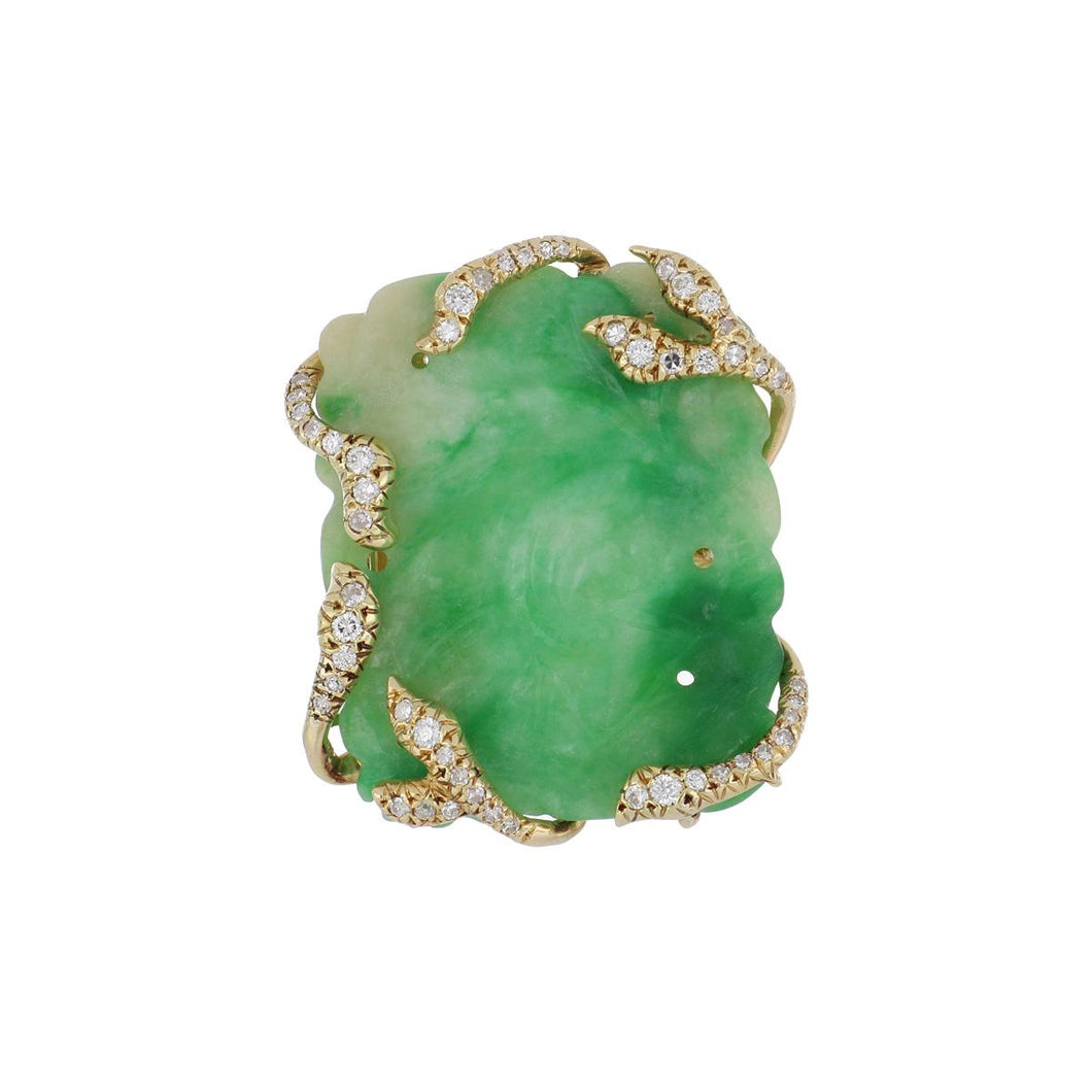 Important Vintage 1970s Julius Cohen 18K Gold Carved Jadeite Jade Ring with Diamonds