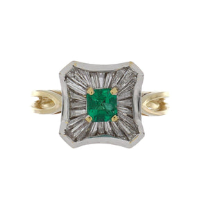 18K Gold Emerald and Baguette Diamond Ring