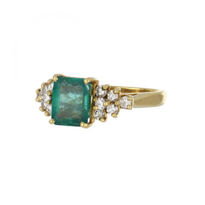 18K Gold Emerald-Cut Emerald and Diamond Ring