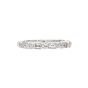 18K White Gold Band with Millegrain Bezel-Set Round and baguette Diamonds