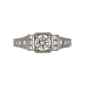 18K White Gold Diamond Engagement Ring with Diamond Shoulders and Millegrain