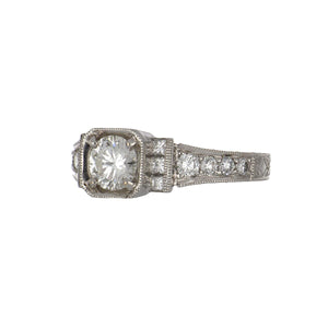 18K White Gold Diamond Engagement Ring with Diamond Shoulders and Millegrain