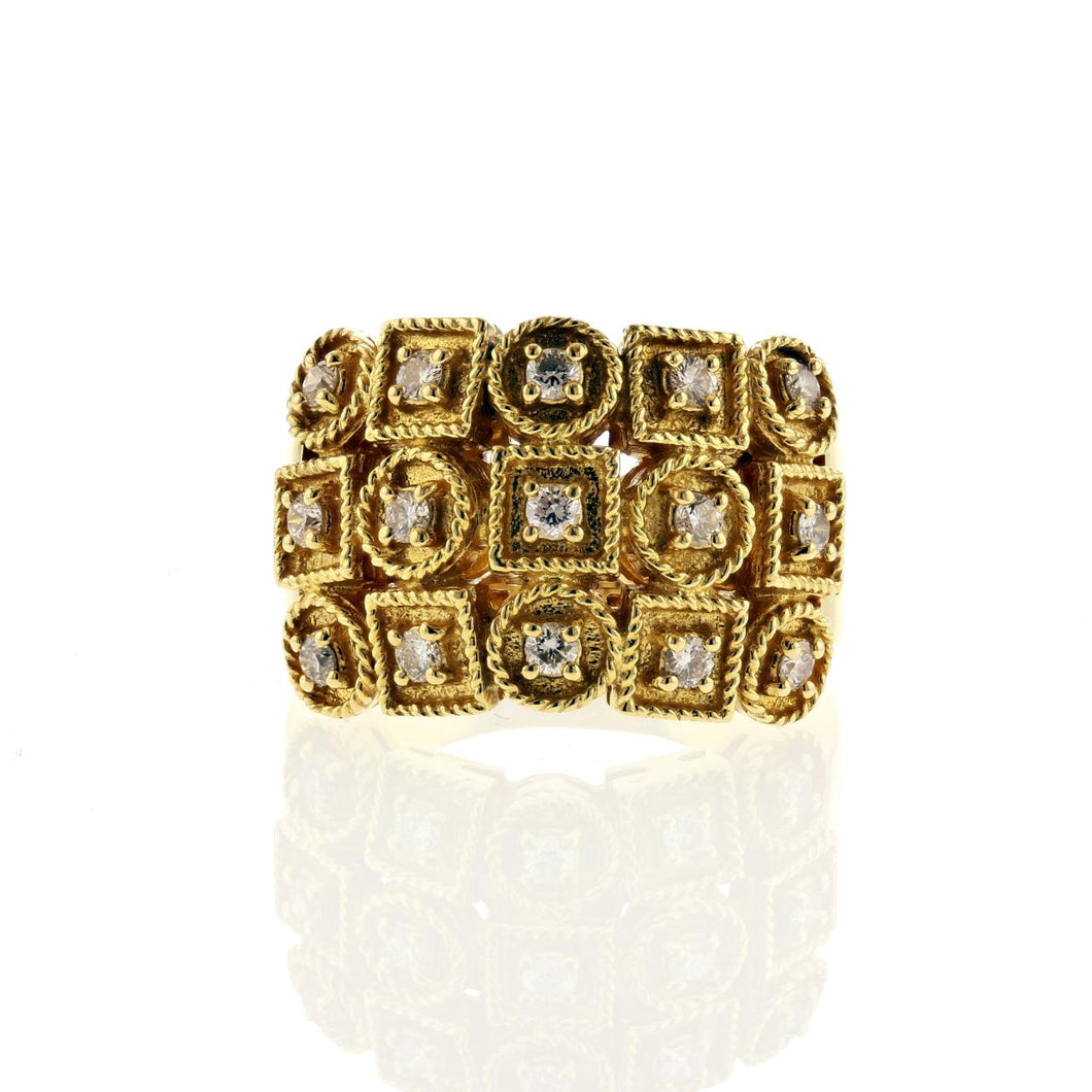 Estate 18k Gold and Diamond Three Row Ring
