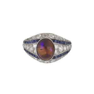 Art Deco Platinum Black Opal Ring with Diamonds and Calibré-Cut Sapphires