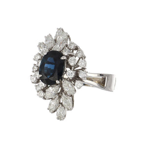 Estate 14K White Gold Cushion Sapphire and Diamond Cluster Ring