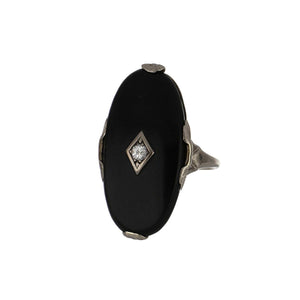 Art Deco 10K White Gold Onyx Plaque Ring with Diamond