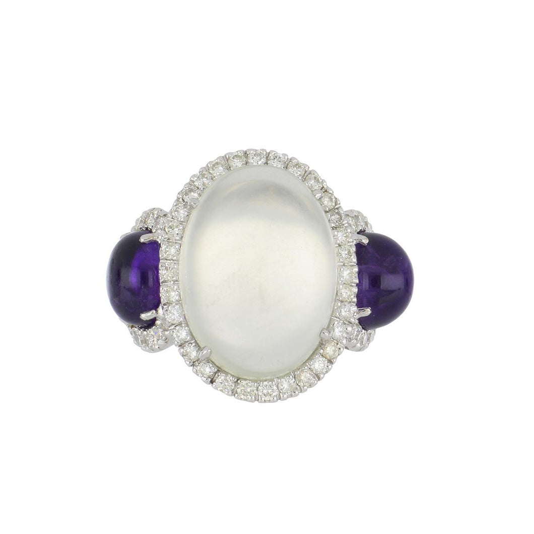Estate 18K White Gold Cabochon Moonstone and Amethyst Ring with Diamonds