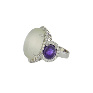 Estate 18K White Gold Cabochon Moonstone and Amethyst Ring with Diamonds
