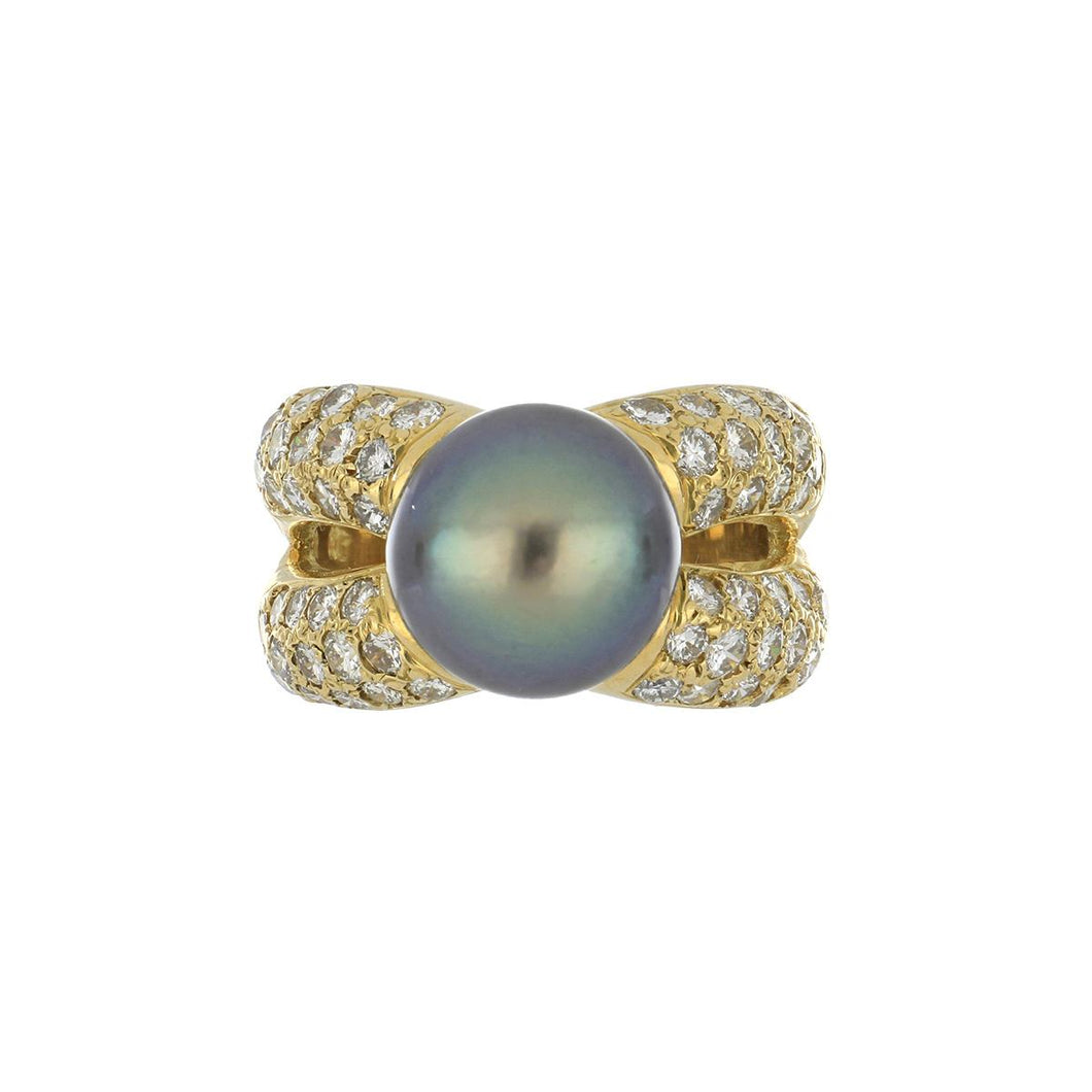 Estate 18K Gold Cultured Tahitian Pearl Ring with Diamonds