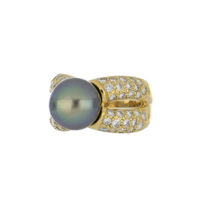 Estate 18K Gold Cultured Tahitian Pearl Ring with Diamonds