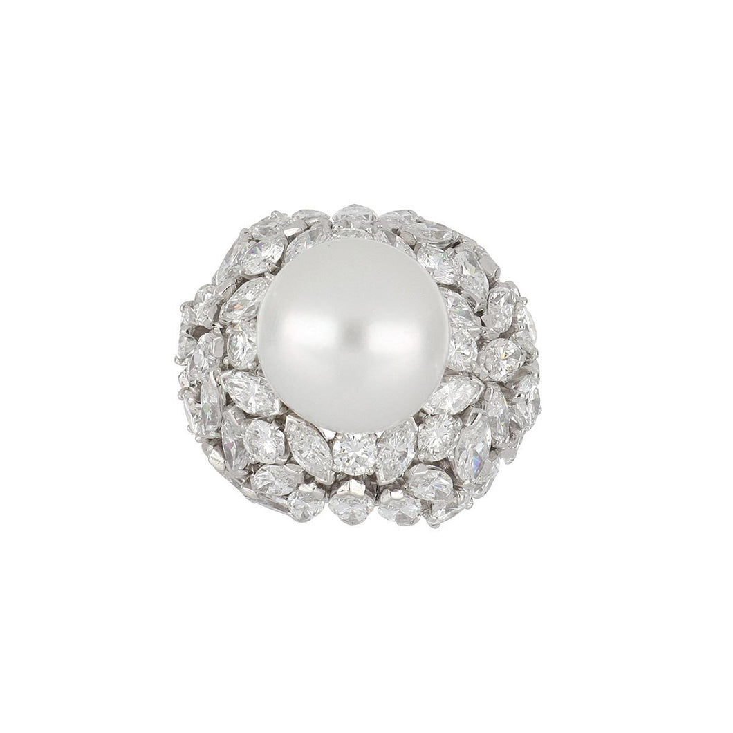 Platinum Cultured South Sea Pearl Ring with Diamonds