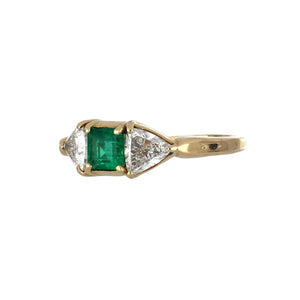 Vintage 1990s 14K Gold Emerald and Trilliant Diamond Three-Stone Ring
