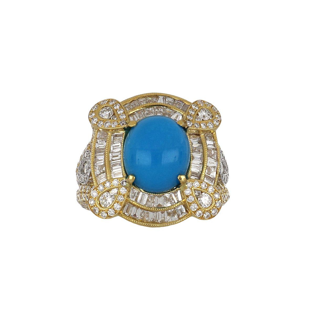 Estate 18K Two-Tone Gold Cabochon Turquoise Ring with Diamonds