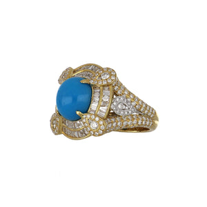 Estate 18K Two-Tone Gold Cabochon Turquoise Ring with Diamonds