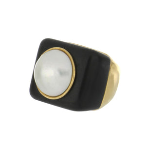 Vintage 1990s Andrew Clunn 18K Gold Matte Onyx and Mabé Pearl Ring