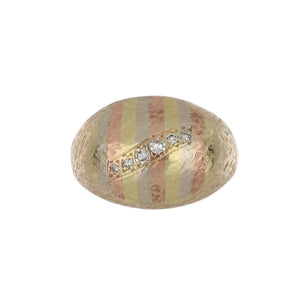 Edwardian 14K Tri-Color Gold Textured Dome Ring with Diamonds