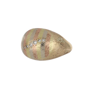 Edwardian 14K Tri-Color Gold Textured Dome Ring with Diamonds