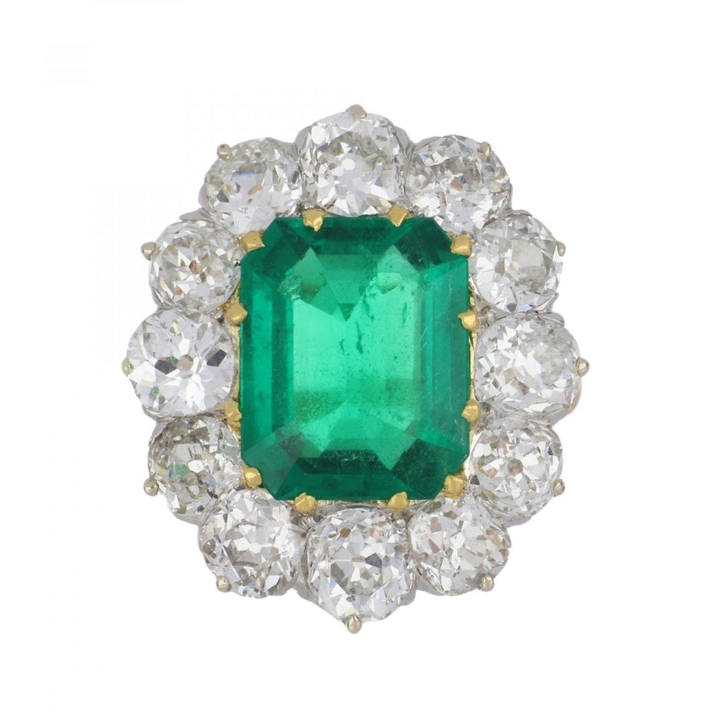Late Victorian Colombian Emerald and Diamond Cluster Ring