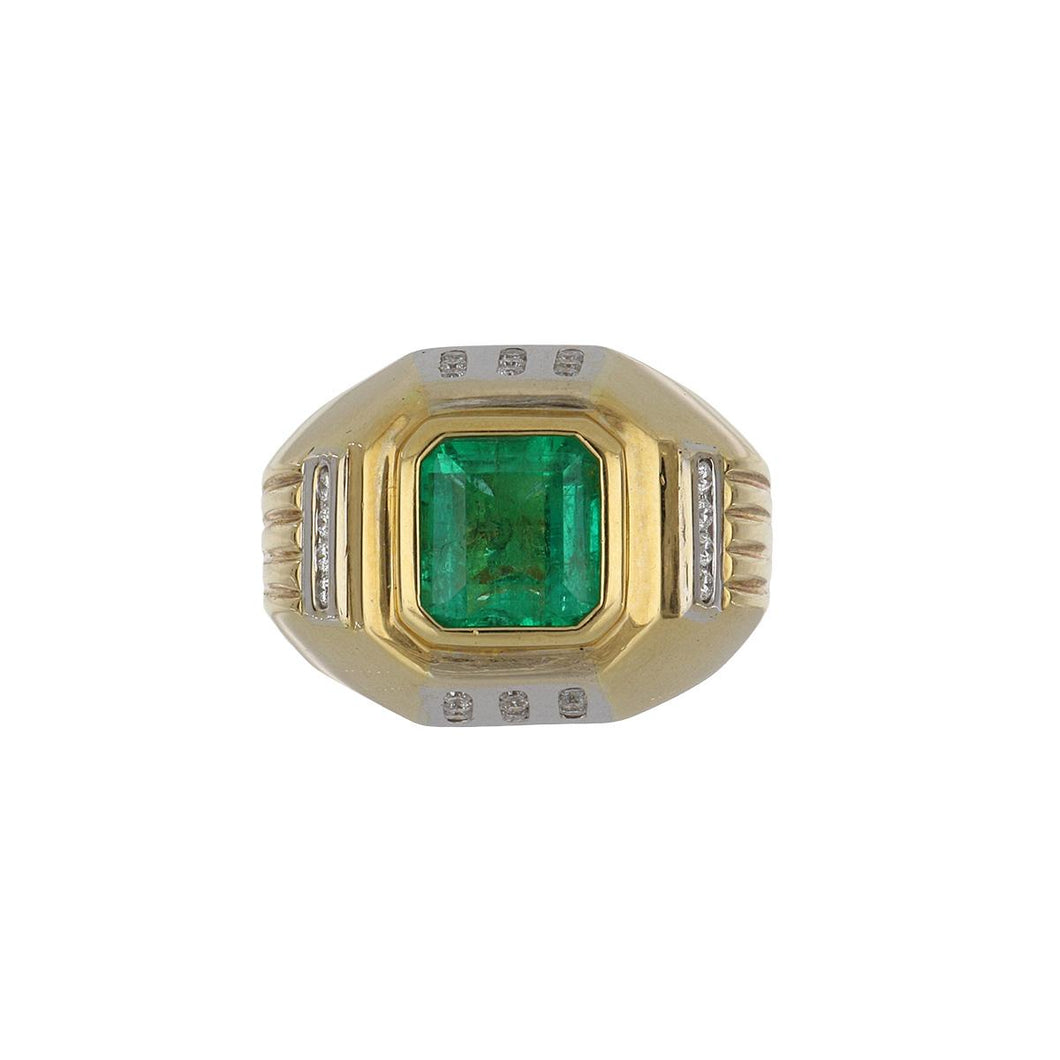 Estate 18K Two-Tone Gold Colombian Emerald Ring with Diamonds
