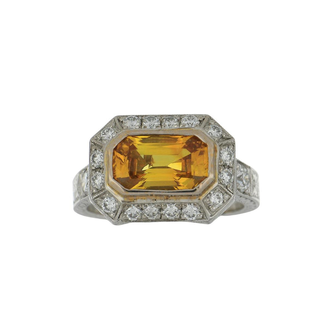 Estate 18K White Gold Art Deco-Style Yellow Sapphire Ring with Diamonds