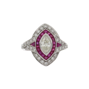 Art Deco-Style 18K White Gold Marquise Diamond Ring with Rubies