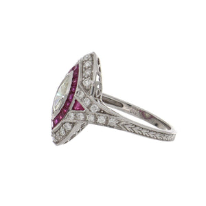 Art Deco-Style 18K White Gold Marquise Diamond Ring with Rubies